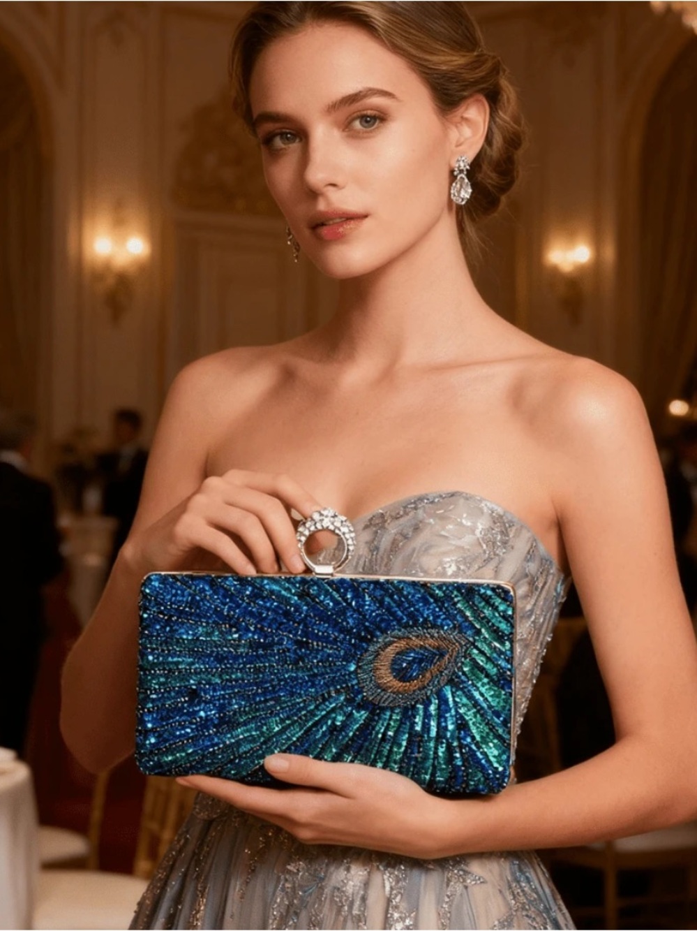 Sequin Peacock Clutch Evening Bag in Blue-Green